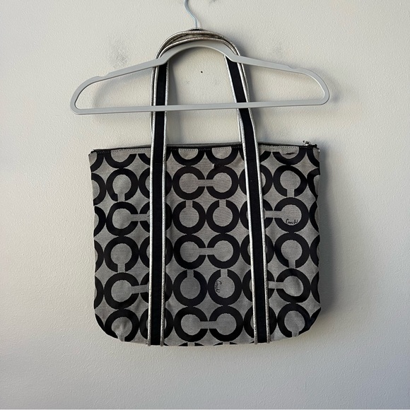 Coach Poppy Op Art Logo Glam Leather Silver Black Tote - Picture 2 of 13